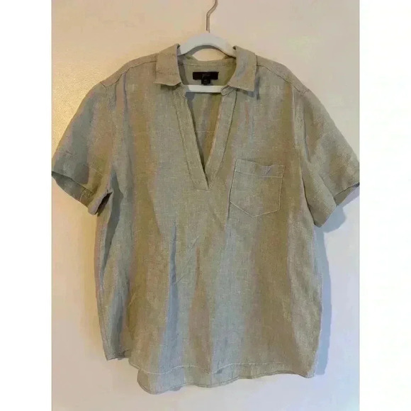 J. Crew 100% Linen Collared V-Neck Short Sleeved Blouse Lagenlook Size small - Picture 1 of 4